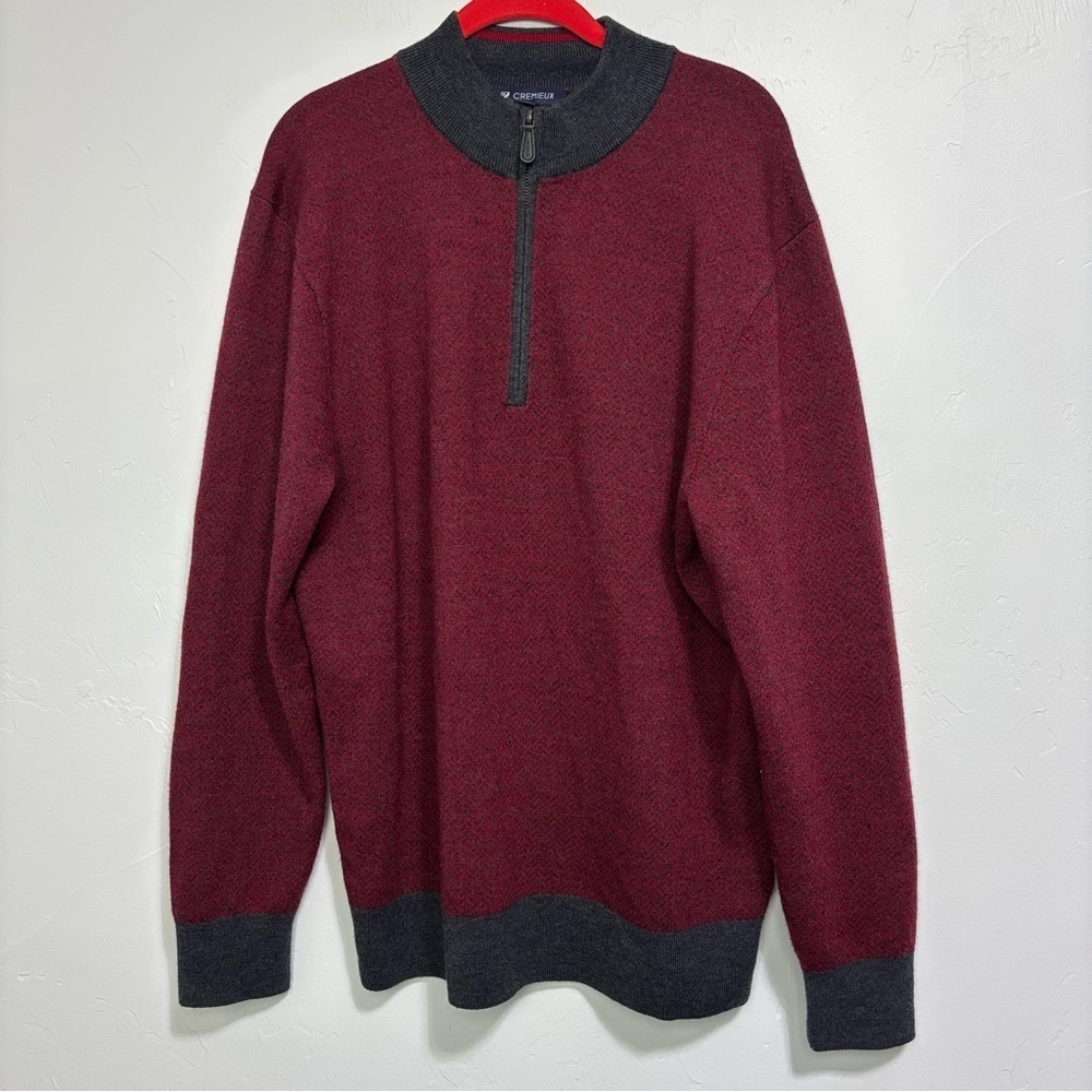 Cremieux Men's Red Gray Chevron 100% Extra Fine Merino Wool Zip Sweater Large
